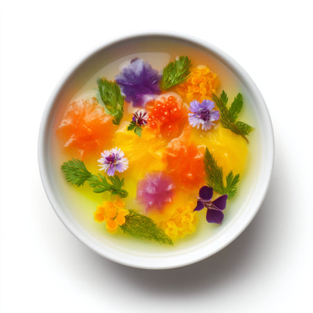 A stunning floral jelly dessert featuring vibrant edible flowers and fresh herbs, beautifully arranged in a white bowl, perfect for a gourmet presentation.の素材