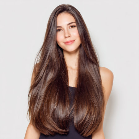 A beautiful young woman with long, shiny hair smiles confidently in a bright studio setting. Her elegant features and joyful expression radiate positivity and charm.の素材