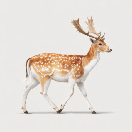 This elegant fawn with antlers showcases beauty in motion, walking gracefully against a simple background. Perfect for nature and wildlife themes.の素材