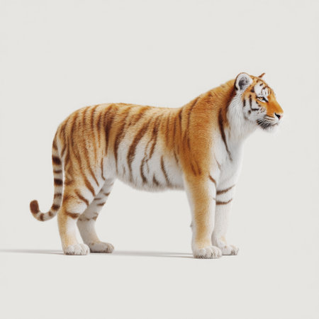 This image features a stunning tiger standing gracefully, highlighting its vibrant coat and striking features against a neutral background, symbolizing wildlife beauty.の素材