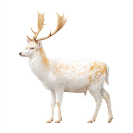 This stunning illustration showcases a white deer with majestic antlers, capturing its unique beauty and elegance in a serene pose against a clean background.の素材