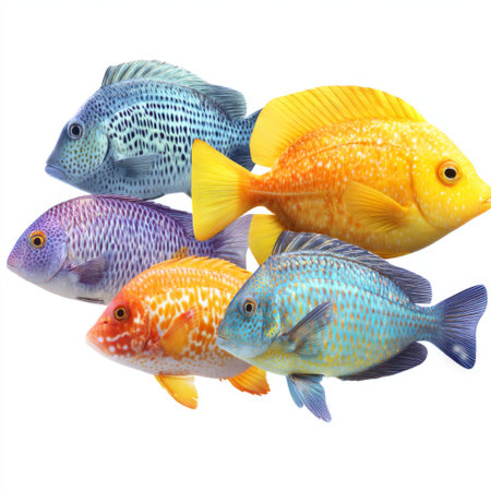 This vibrant image showcases a group of colorful tropical fish swimming together in a serene underwater scene. Ideal for nature and marine life themes.の素材