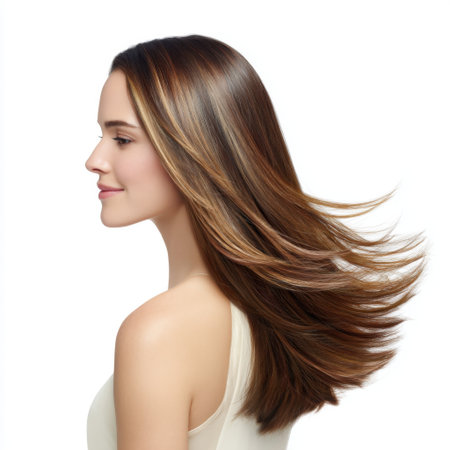 A captivating portrait of a young woman with long, lustrous hair flowing gracefully, highlighting the elegance and beauty of healthy hair in a soft-lit environment.の素材