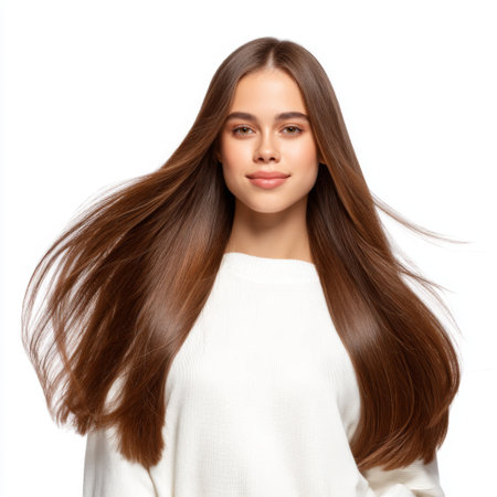 A young woman with long, flowing brown hair smiles confidently while wearing a simple white sweater. The bright background enhances her warm and cheerful vibe, capturing natural beauty and elegance.の素材