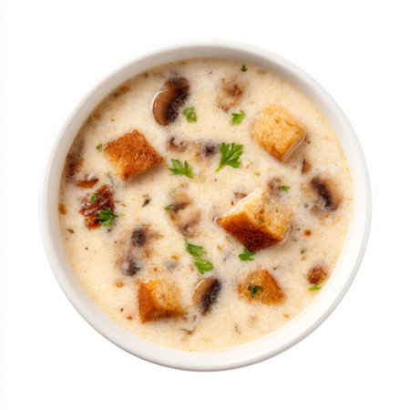 A rich and creamy mushroom soup topped with crispy croutons and fresh parsley, perfect for warming up any meal. Ideal for comfort food lovers.の素材