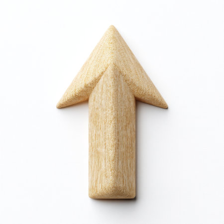 A smooth wooden arrow shape pointing upward, perfect for creative design projects. This minimalistic element stands out against a light background, ideal for conveying direction or growth.の素材