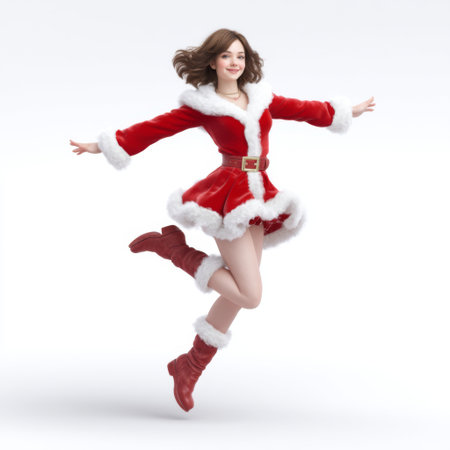 A joyful woman dressed in a vibrant red Christmas outfit with white fur accents is leaping joyfully, conveying the festive spirit of the holiday season.の素材