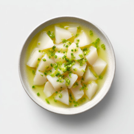 A vibrant bowl of fresh soup featuring tender vegetables and green onions, perfect for a healthy meal. The light broth offers comfort and nutrition.の素材