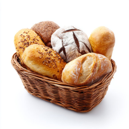 A delightful assortment of freshly baked artisanal bread rolls arranged in a rustic basket, showcasing a variety of textures and flavors on a clean white background.の素材