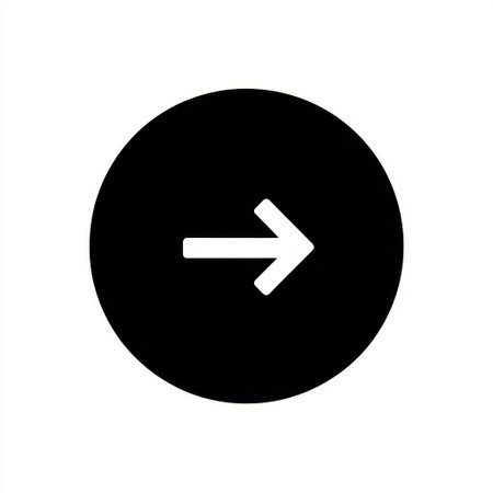 This black circle features a simplistic directional arrow icon that serves as a versatile element for modern design projects and user interfaces.の素材