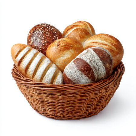 A beautiful assortment of freshly baked artisanal bread varieties presented in a rustic woven basket, perfect for culinary displays or food photography.の素材
