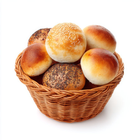 A beautifully arranged basket of assorted freshly baked bread rolls showcasing golden crusts and unique toppings, ideal for food lovers and culinary uses.の素材