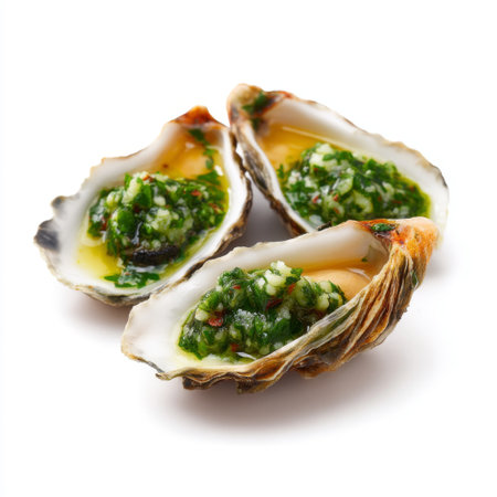 Enjoy an enticing view of freshly shucked oysters topped with a vibrant green sauce, perfect for gourmet dining experiences and culinary endeavors.の素材