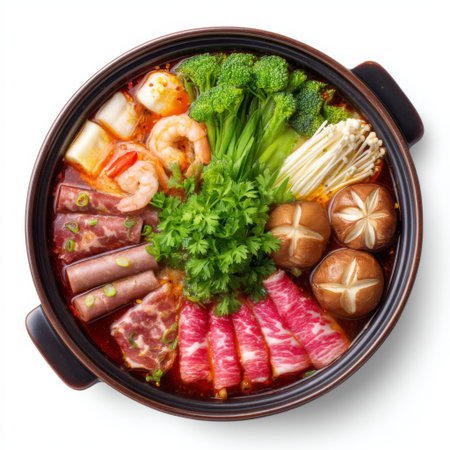 This vibrant hot pot features a variety of fresh ingredients including vegetables, meats, and seafood, creating a visually appealing and flavorful dish.の素材