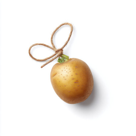 A unique and creative potato featuring a twine bow against a clean white background, perfect for food photography and culinary projects.の素材