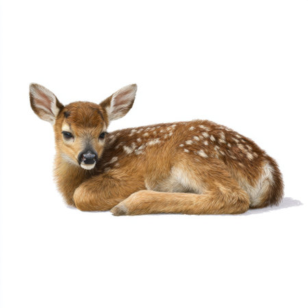A charming young fawn rests on a white background, displaying its soft brown fur and characteristic spots. This image captures the innocence and beauty of wildlife, making it perfect for nature enthusiasts and projects focused on wildlife conservation.の素材