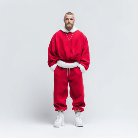 A stylish male model showcases a vibrant red sweater and matching sweatpants, paired with sleek white sneakers. The minimalist background emphasizes the modern look, perfect for fashion-focused projects.の素材