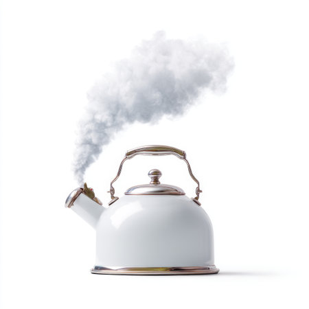 A white teapot sits elegantly against a clean background, with steam rising, symbolizing warmth and comfort. Ideal for cooking and kitchen themes.の素材