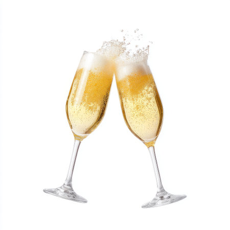 Two elegant champagne flutes filled with sparkling bubbly create a celebratory moment. Perfect for festive occasions, these glasses symbolize joy and togetherness.の素材