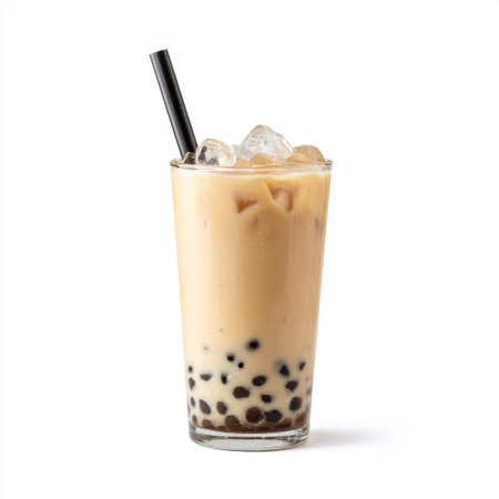 Delight in this refreshing glass of sweet milk tea, filled with chewy tapioca pearls and ice. Perfect for warm days, enjoy a burst of flavors.の素材