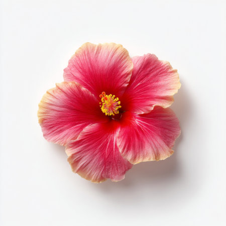 This stunning close-up image features a bright pink hibiscus flower with delicate petals and a yellow center, perfect for nature and floral themes.の素材