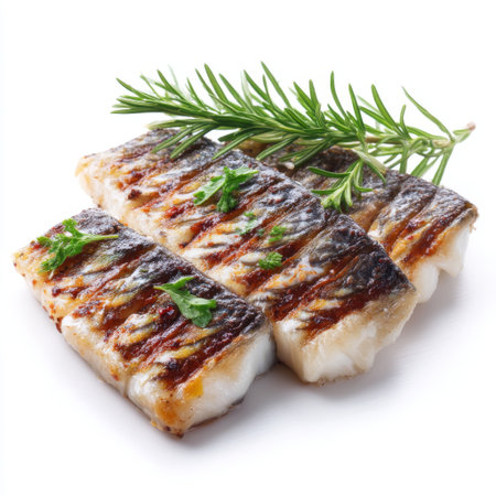 Grilled fish fillets showcase mouthwatering grill marks and fresh herbs, perfect for culinary use or food photography. Ideal for recipes and presentations.の素材