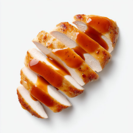 A beautifully arranged sliced grilled chicken breast topped with a rich savory sauce, perfect for healthy meals or culinary creations in any kitchen.の素材