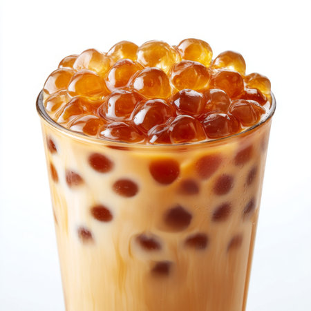This vibrant bubble tea features chewy tapioca pearls floating in a creamy drink, perfect for refreshment and enjoyment during hot days.の素材