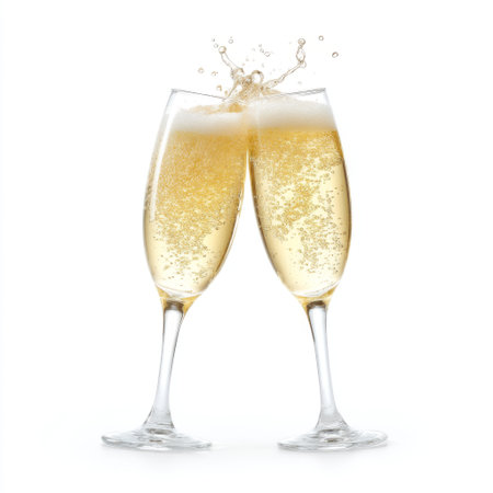 Two elegant champagne flutes clink together, sending bubbles and a splash into the air, symbolizing celebration and joyous moments shared with loved ones.の素材
