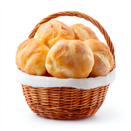A charming display of freshly baked bread rolls nestled in a woven basket. The golden crust and soft texture make these rolls a delightful addition to any meal. Perfect for breakfast or as a tasty snack.の素材
