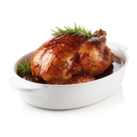This image features a succulent roast chicken glazed to perfection, garnished with fresh herbs, served in an elegant white dish, ideal for culinary presentations.の素材