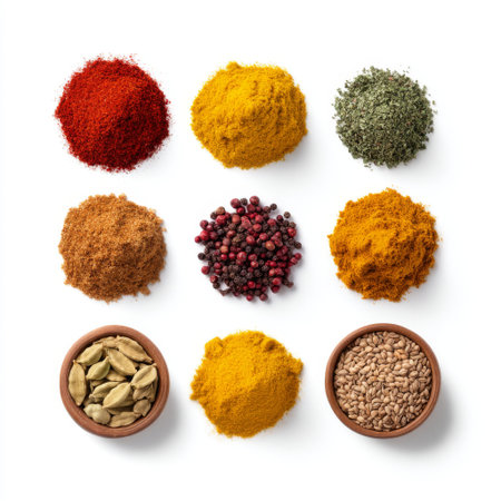 A beautiful arrangement of colorful spices and herbs presented in bowls, showcasing natural ingredients ideal for enhancing flavors and culinary creations.の素材