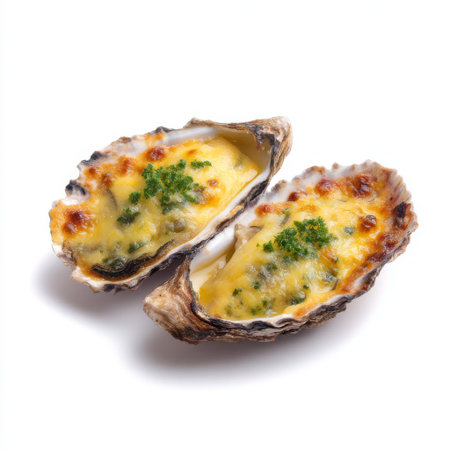 Mouth-watering baked oysters topped with melted cheese and fresh herbs, garnished with a sprinkle of green parsley, perfect for a gourmet dining experience.の素材