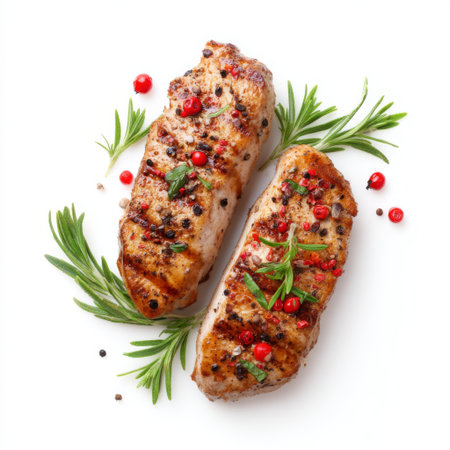 A delectable presentation of grilled chicken breast garnished with fresh rosemary and pink peppercorns on a clean white background, ideal for food enthusiasts.の素材