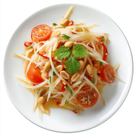 This vibrant Thai papaya salad features fresh ingredients like crunchy papaya, ripe tomatoes, and roasted peanuts, perfectly garnished with aromatic herbs.の素材