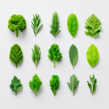 A stunning display of various fresh green herbs and leaves arranged on a clean white background, perfect for culinary and natural projects.の素材