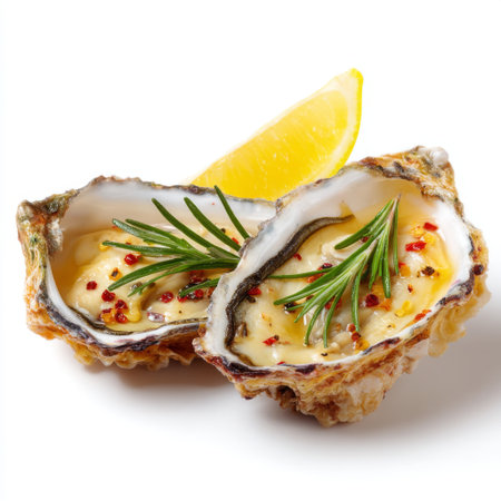 Indulge in a gourmet delight with this image featuring freshly baked oysters topped with herbs and a slice of lemon, perfect for any dining occasion.の素材