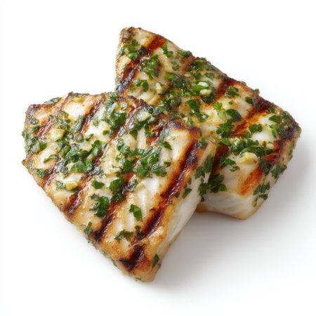 A beautifully grilled fish fillet garnished with fresh herbs, showcasing the perfect combination of flavors and textures. Ideal for food enthusiasts.の素材