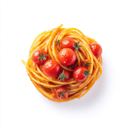 A vibrant plate of spaghetti intertwined with fresh cherry tomatoes surrounded by a bright white background, perfect for food lovers and culinary enthusiasts.の素材