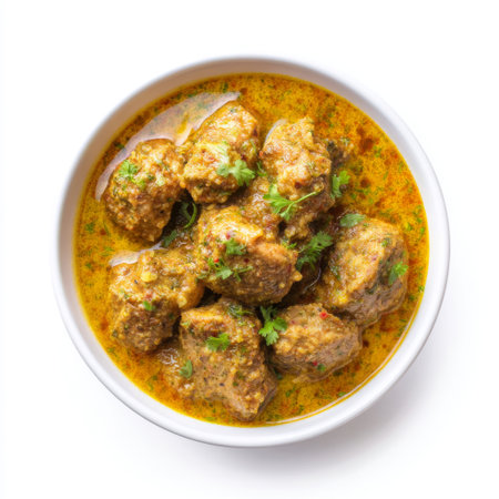 A vibrant bowl of delicious meatballs simmered in a rich yellow sauce, garnished with fresh herbs, perfect for a hearty meal or a special gathering.の素材