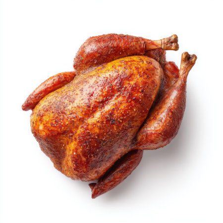 A beautifully roasted whole chicken featuring a golden-brown skin that highlights its juicy and flavorful texture, perfect for any culinary project or meal.の素材