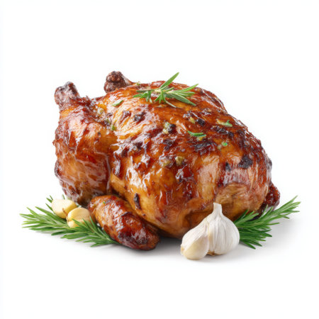 A tempting roasted chicken garnished with fresh garlic and herbs, showcasing golden crispy skin and tender juicy meat, perfect for any festive occasion.の素材