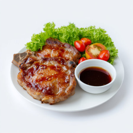 This enticing image showcases a juicy grilled pork chop served with fresh vegetables and a savory sauce, ideal for meal presentations and culinary inspiration.の素材