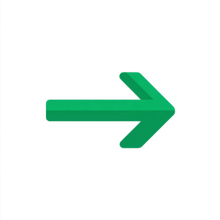 A vibrant green arrow pointing right, set against a clean white background, ideal for illustrating direction, navigation, or guidance in design projects.の素材