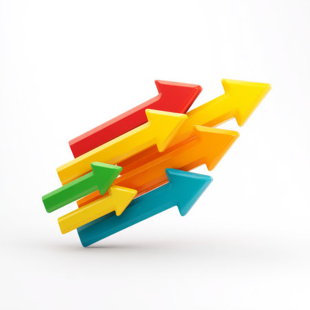 This vibrant image features colorful arrows pointing upward, symbolizing growth and progress in business and finance. It is ideal for visualizing success and motivation.の素材