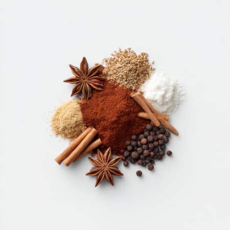 A beautifully arranged collection of various spices including cinnamon sticks and star anise, showcasing earthy colors and textures on a minimalist background.の素材