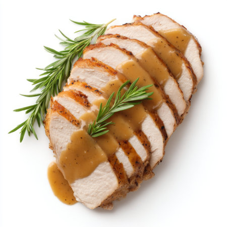 A beautifully arranged plate featuring sliced grilled chicken breast drizzled with savory sauce and garnished with fresh rosemary, ideal for food lovers.の素材
