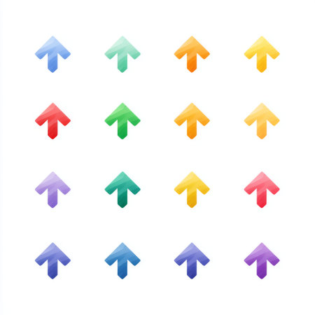 This image features a symmetrical arrangement of colorful arrows in various shades, ideal for creative projects, backgrounds, or inspirational themes.の素材