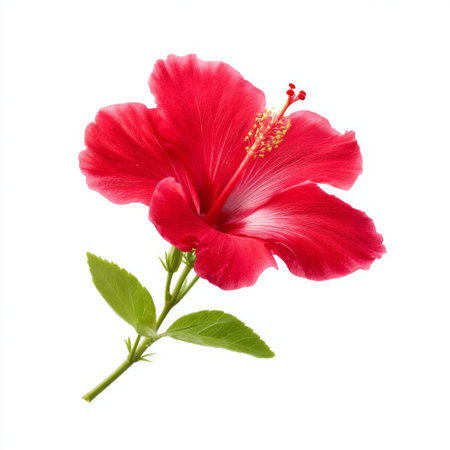 A stunning red hibiscus flower with lush green leaves stands out against a clean white background, ideal for nature-inspired themes and floral designs.の素材