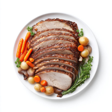 A beautifully presented roasted meat dish, accompanied by colorful vegetables like carrots and potatoes, ideal for gatherings or festive occasions.の素材